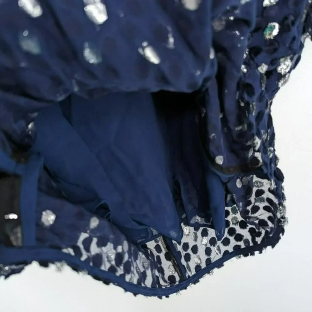 Kate Spade Scatter Dot Dress 6 Navy Silver Faux Wrap Ruffle Velvet Long Sleeve